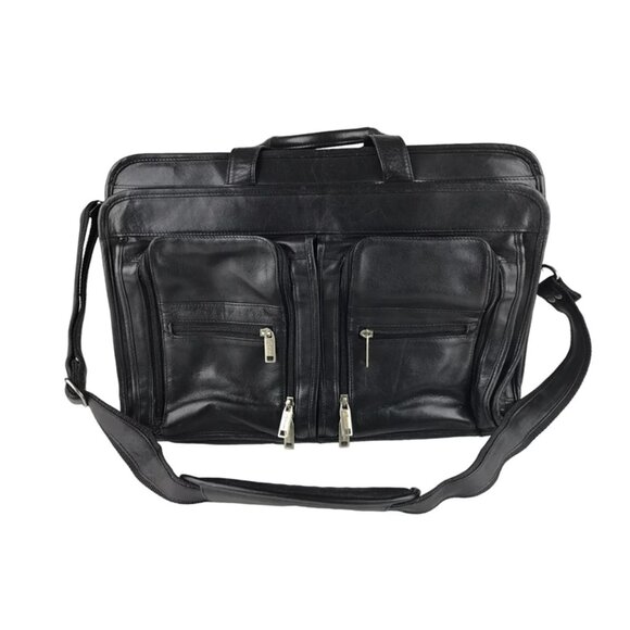 Dilana Unisex Black Leather Outer Pockets Detachable Strap Top Handle Laptop Bag - Picture 1 of 11